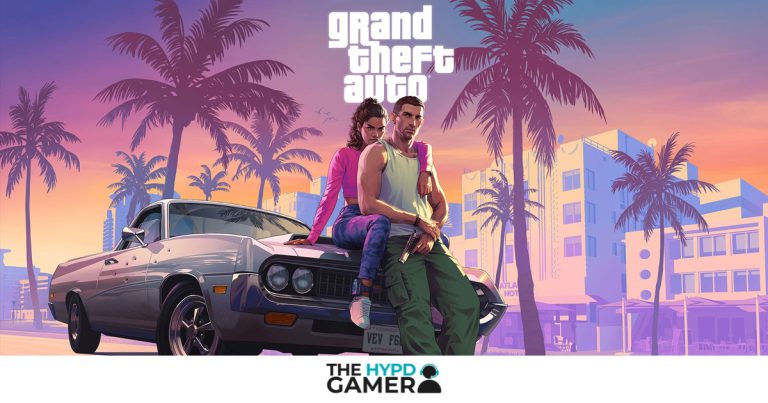 Vibrant promotional artwork for Grand Theft Auto VI, featuring two protagonists, a retro Miami-inspired backdrop, and the iconic GTA logo.