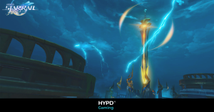 Epic fantasy landscape featuring a glowing lightning tower amidst stormy clouds from Honkai Star Rail.