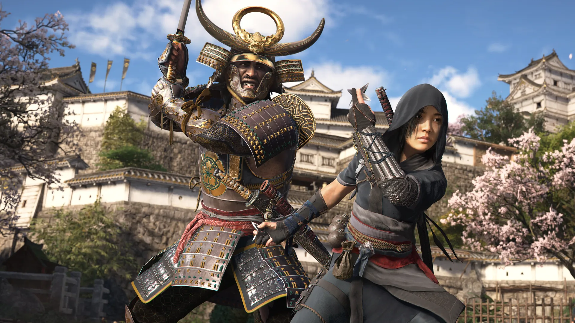 Assassin’s Creed Shadows screenshot featuring Yasuke, the samurai, and Naoe, the shinobi, ready for battle in front of a Feudal Japanese castle.