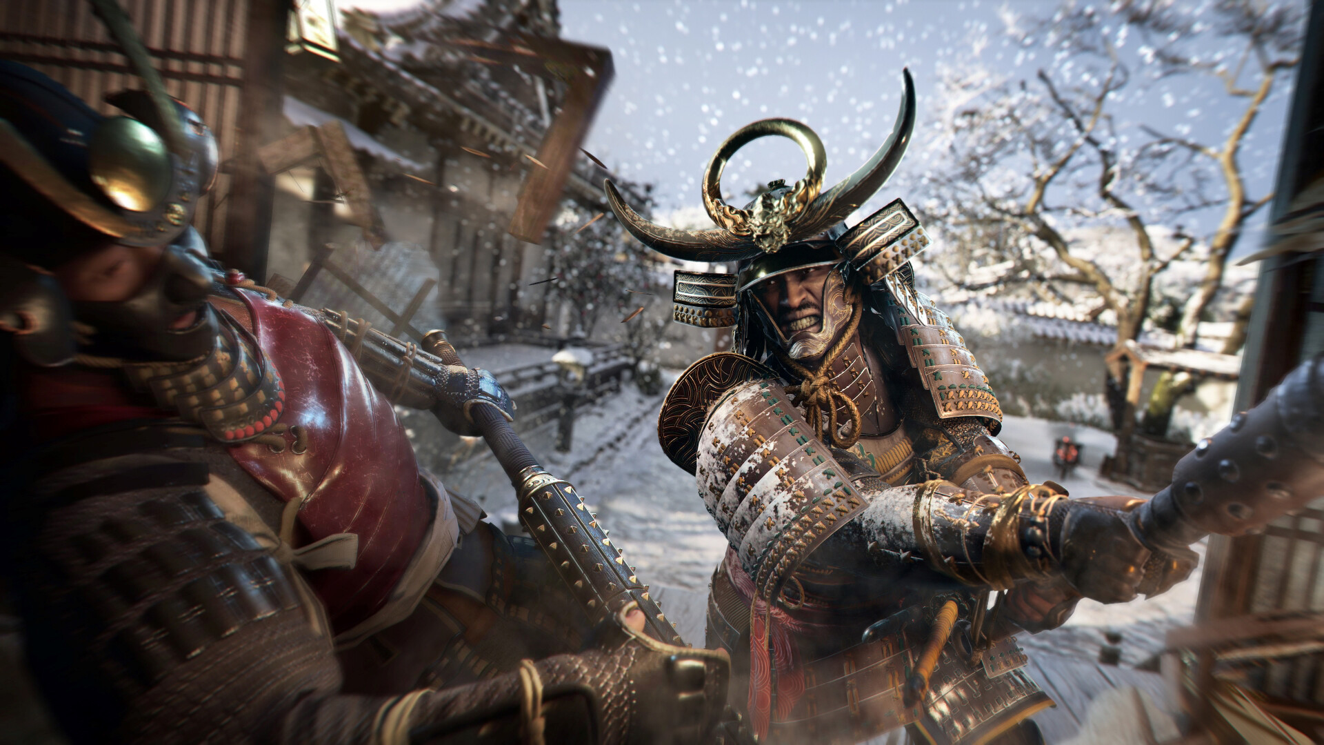 Armoured samurai clashing in a snowy battlefield during an intense fight scene in Assassin’s Creed Shadows