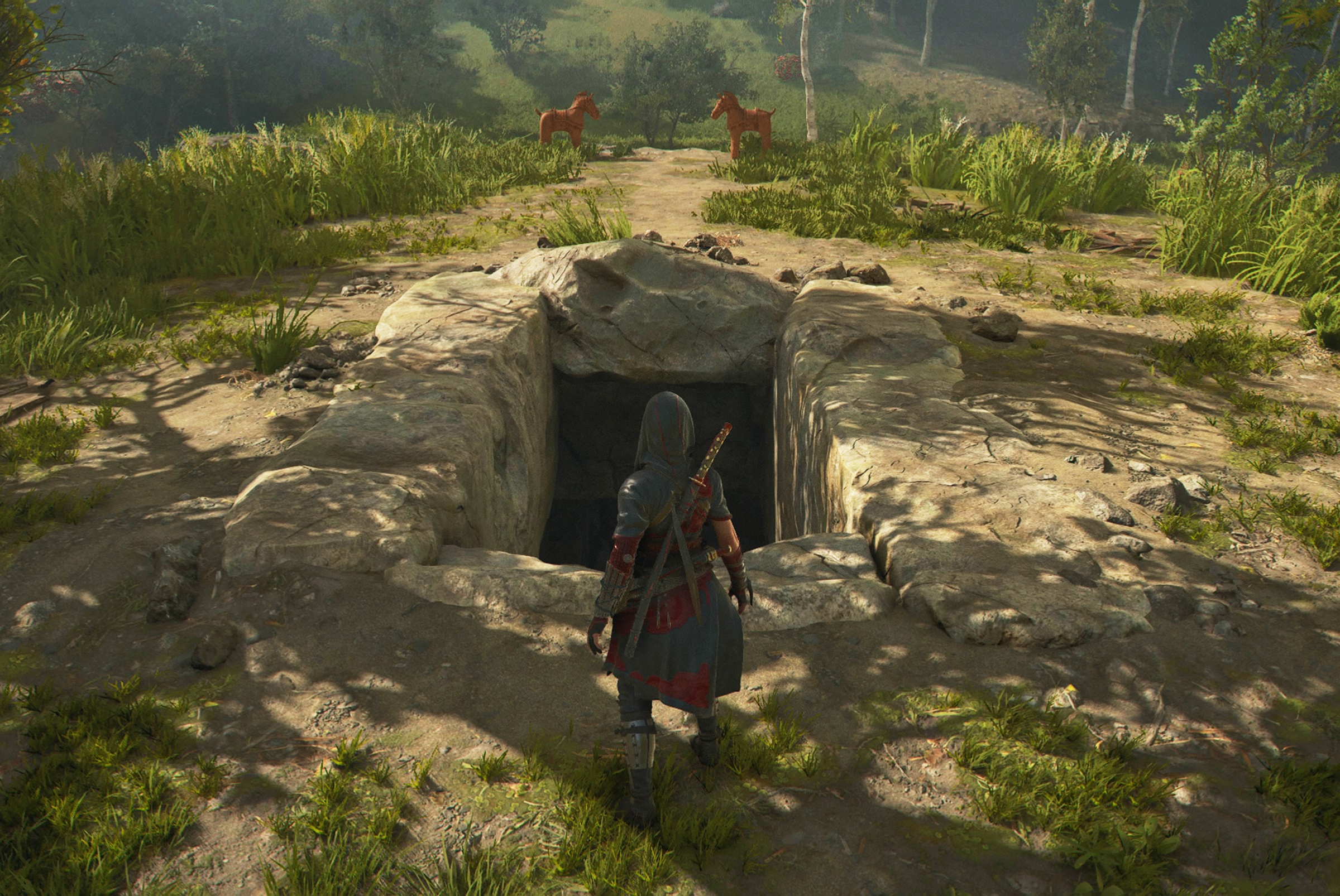 Naoe stands before the entrance of a Kofun tomb in Assassin’s Creed Shadows, ready to uncover hidden treasures beneath the earth