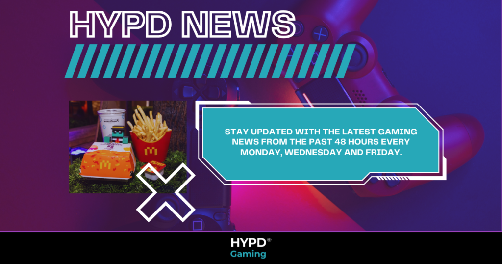 A digital graphic for HYPD News featuring a McDonald's Minecraft meal, a PlayStation controller, and a bold announcement about gaming news updates every Monday, Wednesday, and Friday.