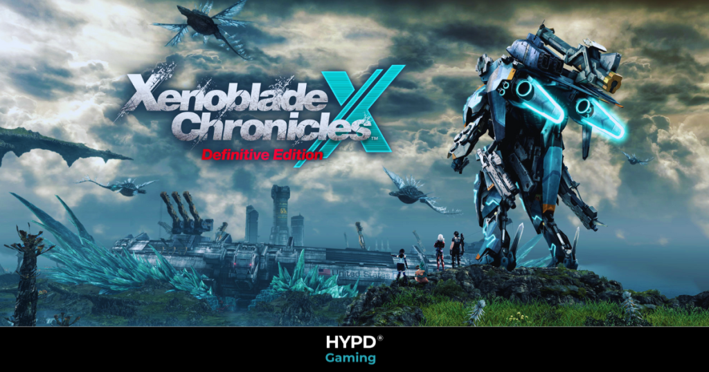 Promotional artwork for Xenoblade Chronicles X Definitive Edition on Nintendo Switch, featuring a massive Skell mech, alien landscapes, and the main characters exploring the world of Mira