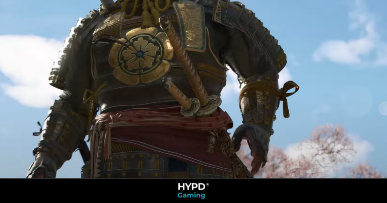Samurai warrior in Assassin’s Creed Shadows, wearing detailed armour with dual swords against a scenic sky backdrop