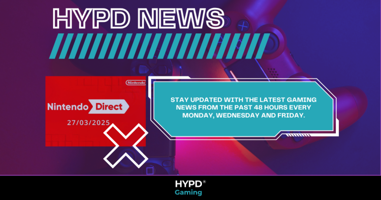 HYPD News graphic featuring Nintendo Direct 27 March 2025 and a PlayStation controller with update schedule for gaming news.