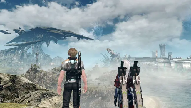 Two characters standing on a cliff in Xenoblade Chronicles X Definitive Edition, gazing at the futuristic landscape of Mira with alien structures and settlements in the distance.