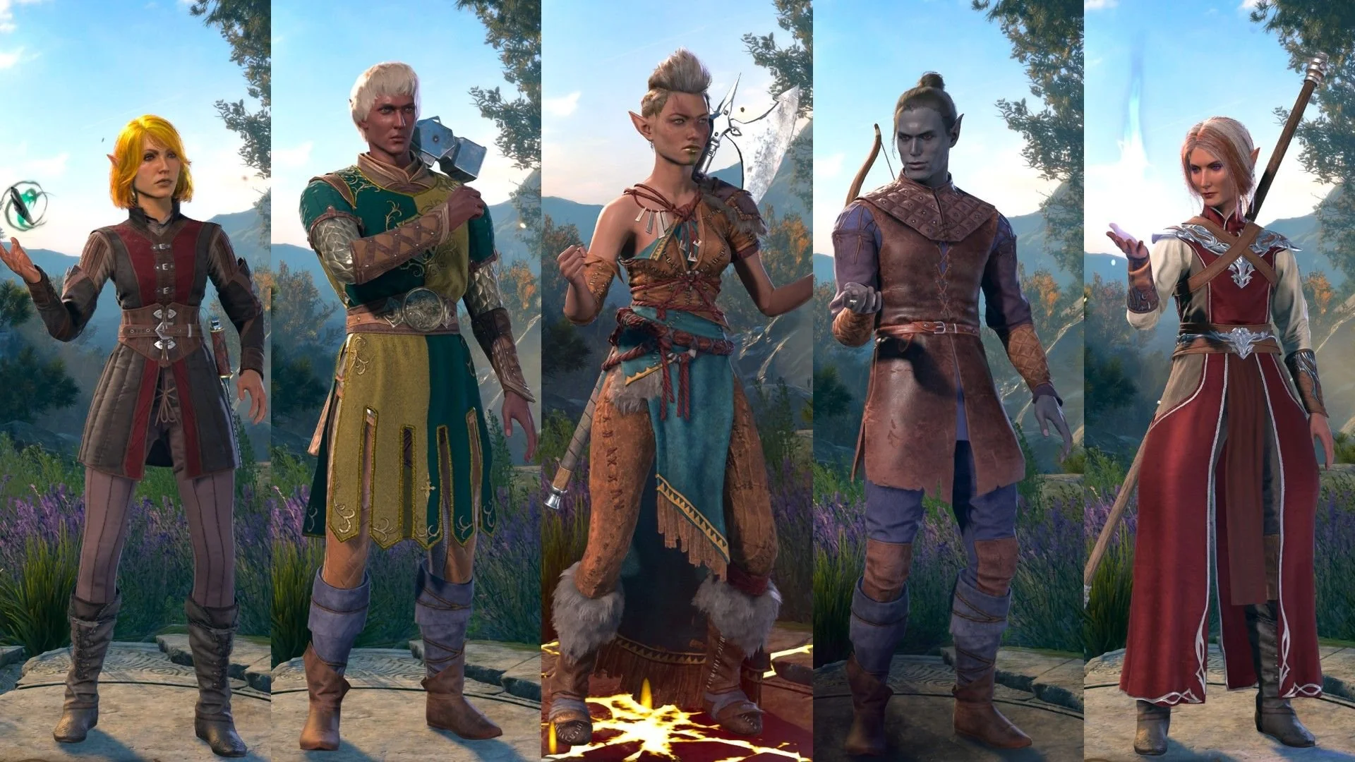 Gaming World News: Five diverse Baldur's Gate 3 characters in distinct class outfits standing side by side in a fantasy landscape
