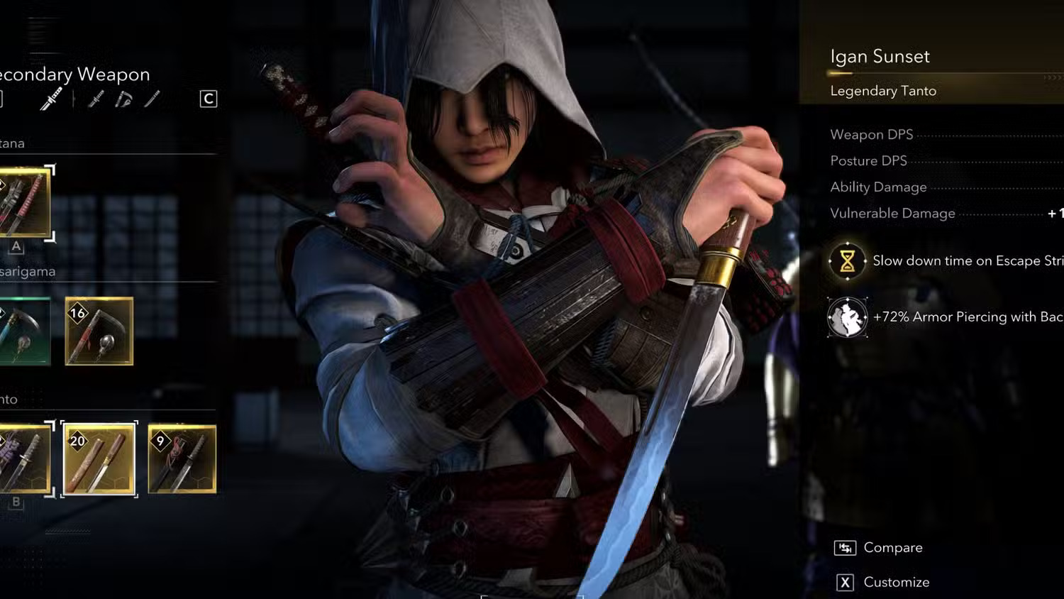 Iga Sunset weapon stats in Assassin’s Creed Shadows, showcasing powerful gear attributes and upgrade potential.