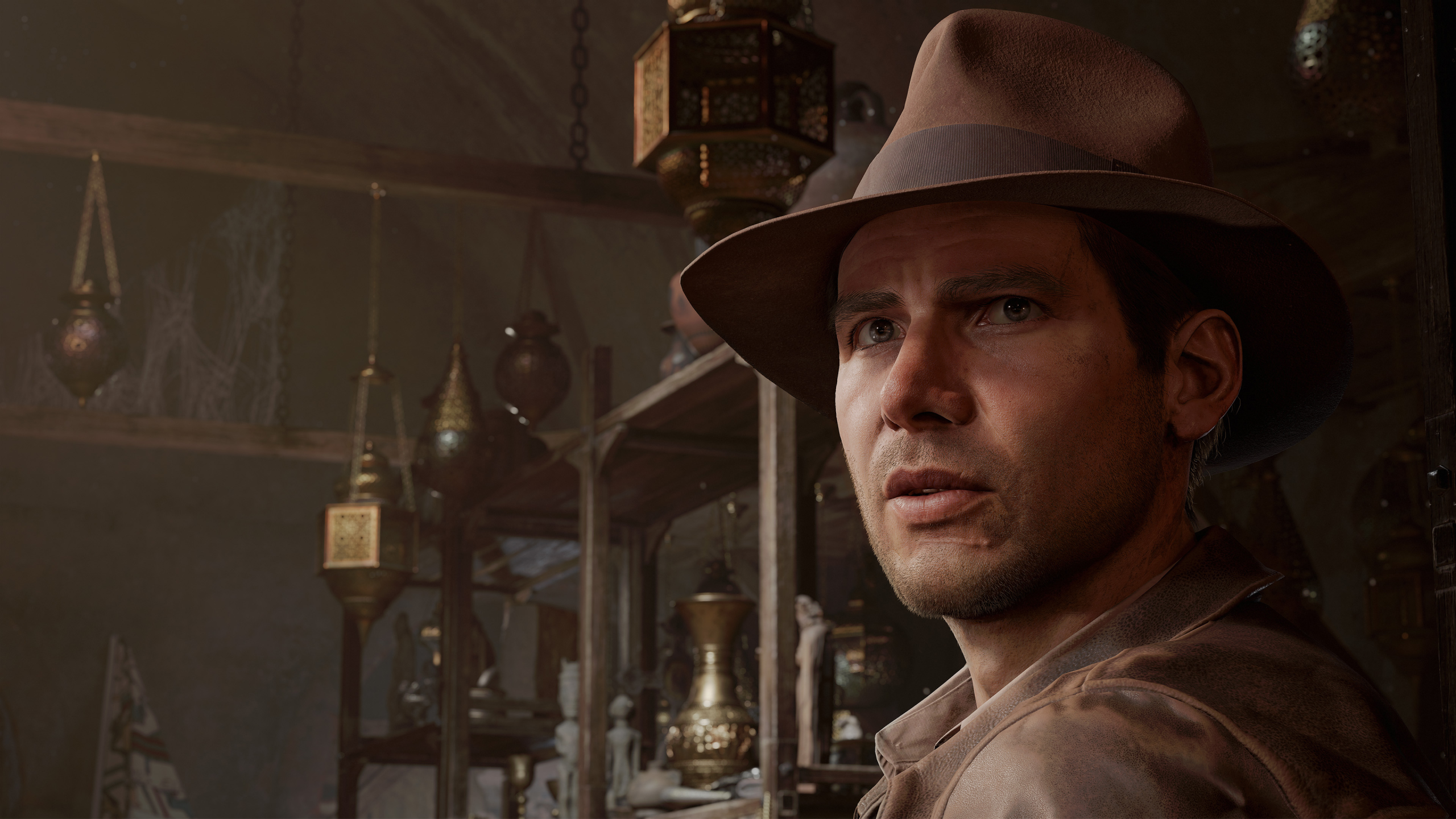 Detailed close-up of Indiana Jones wearing his iconic fedora in a market filled with ancient artefacts, from Indiana Jones and the Great Circle.