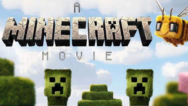 Gaming World News: Promotional poster for A Minecraft Movie with blocky creepers, pixelated text, and a flying bee in a bright sky