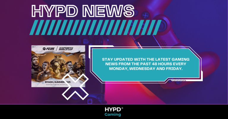 HYPD News graphic featuring Esports World Cup and gaming updates every 48 hours on Monday, Wednesday, and Friday