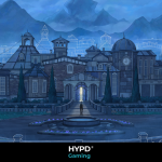 Illustration of a grand, gothic-style mansion surrounded by misty mountains and forest, with blueprint overlays – key visual from Blue Prince.