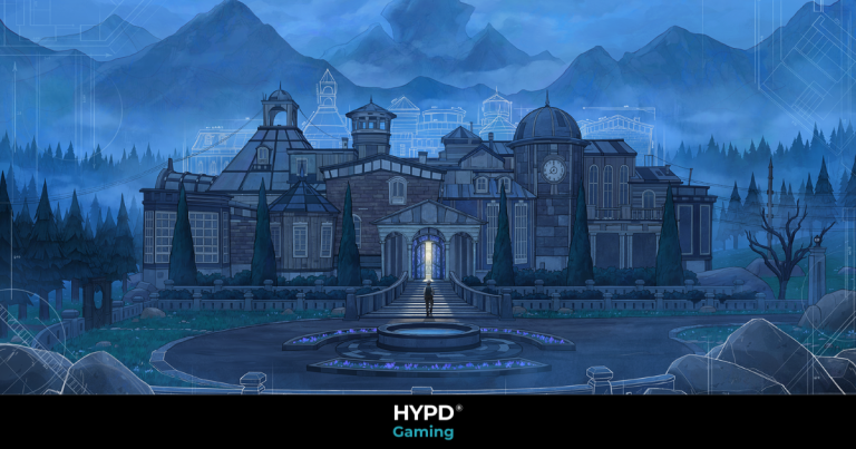 Illustration of a grand, gothic-style mansion surrounded by misty mountains and forest, with blueprint overlays – key visual from Blue Prince.