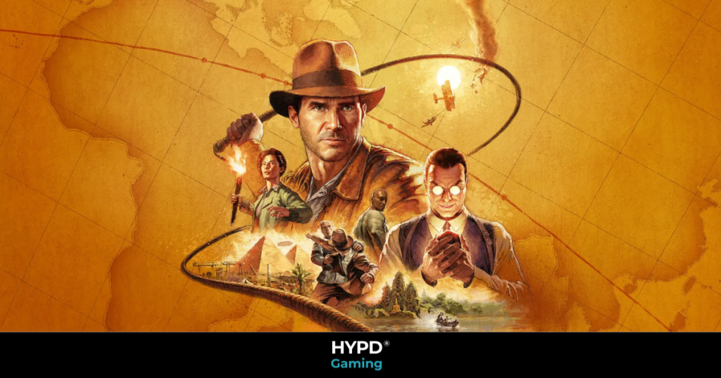 Illustrated poster of Indiana Jones and the Great Circle featuring Indy, allies, villains, and global adventure scenes on a golden map background.