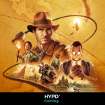 Illustrated poster of Indiana Jones and the Great Circle featuring Indy, allies, villains, and global adventure scenes on a golden map background.