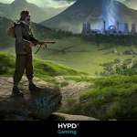 A lone survivor with a rifle stands on a rocky hilltop, overlooking a destroyed British countryside with a crashed helicopter, nuclear power plant, and a lightning-filled sky in the game Atomfall.