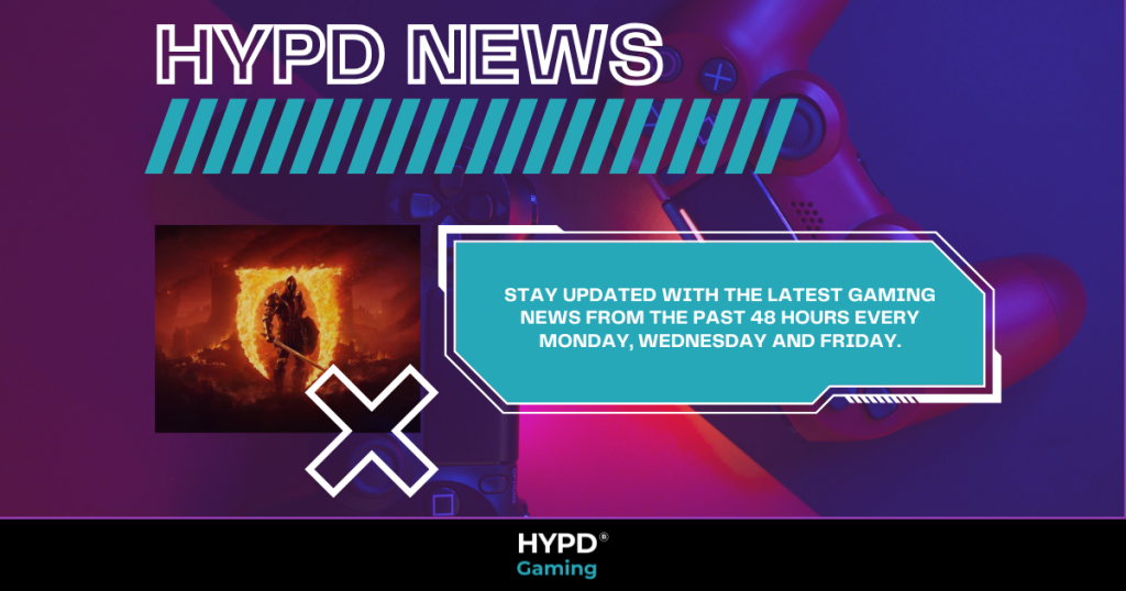 A promotional graphic for HYPD Gaming World News featuring a fiery Oblivion warrior and a game controller background, with update schedule details.