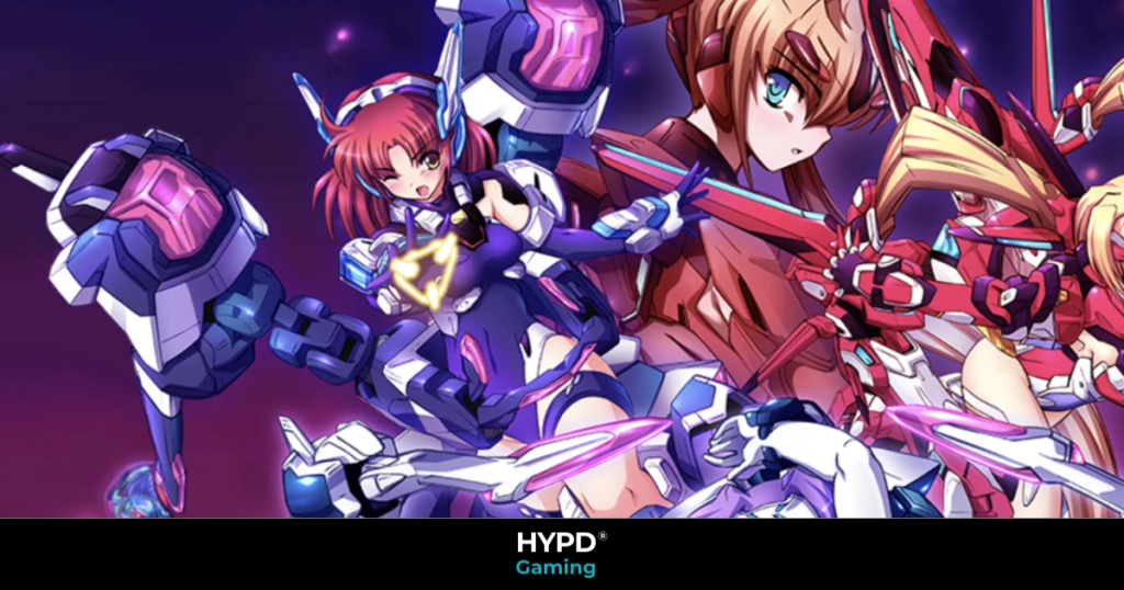 Triggerheart Exelica: Enhanced characters in dynamic combat-ready poses, showcasing vibrant futuristic mech designs and intense arcade energy.