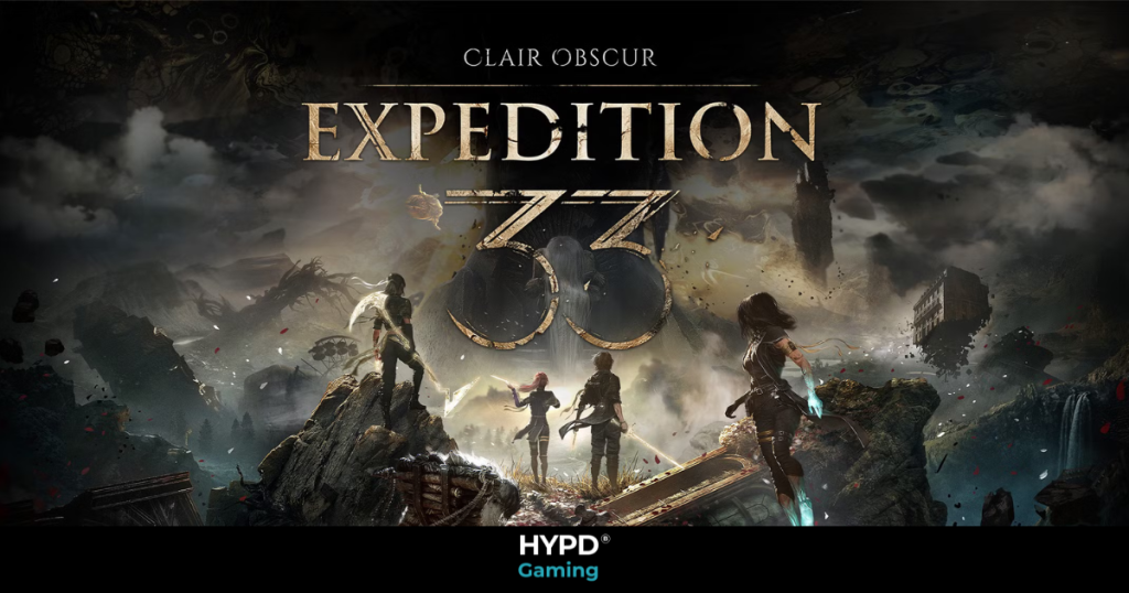 Key art from Clair Obscur: Expedition 33 featuring the Expedition team standing before a surreal, painted fantasy landscape.