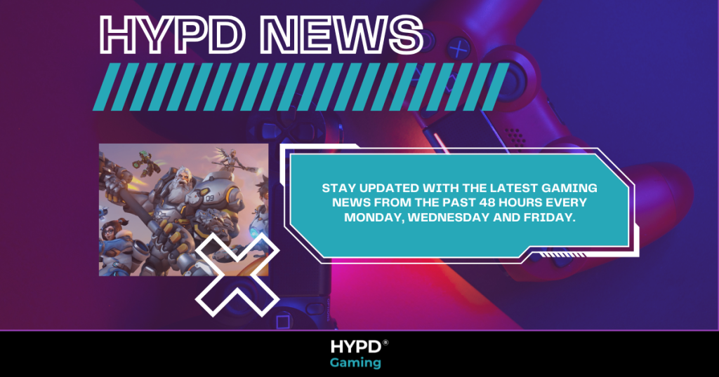 HYPD News graphic promoting the latest gaming world news updates every 48 hours, featuring Overwatch 2 heroes and a PlayStation controller.