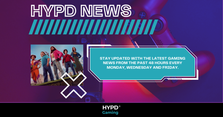 HYPD News graphic with PlayStation controller background and cast from Minecraft Movie, promoting gaming news updates every Monday, Wednesday, and Friday
