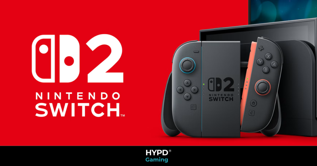 Official Nintendo Switch 2 console with new magnetic Joy-Cons and upgraded dock, showcased by HYPD Gaming on a red background.