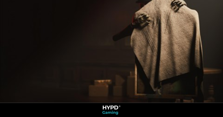 Dark promotional artwork for The Renovator: Origins showing a cloaked figure embracing a covered painting, symbolising the game's eerie blend of art and horror.