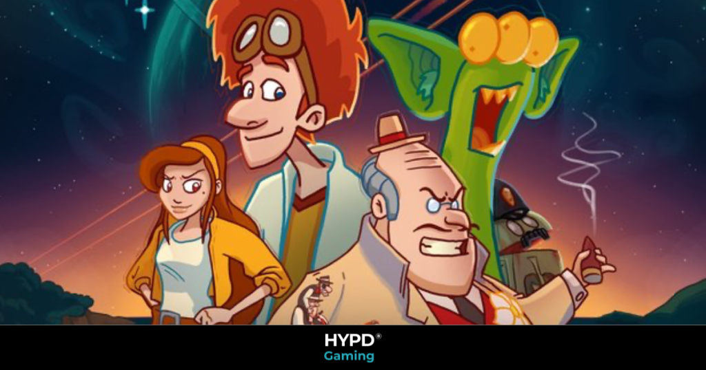 Colourful cartoon characters from Elroy and the Aliens, featuring Elroy, a grumpy detective, a determined girl, and quirky alien creatures against a cosmic backdrop.