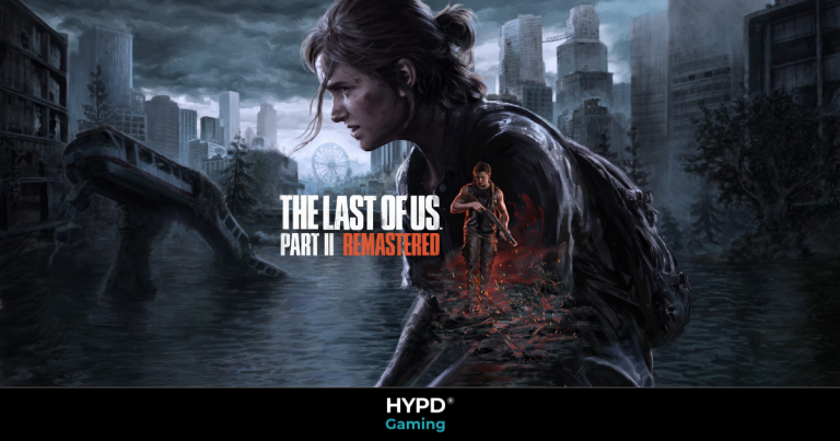 Ellie and Abby from The Last of Us Part II Remastered standing in a ruined cityscape, promo art for the PC release
