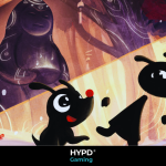 Hand-drawn scene from Koira featuring the forest spirit and puppy companion in a glowing forest, with a mystical statue in the background.