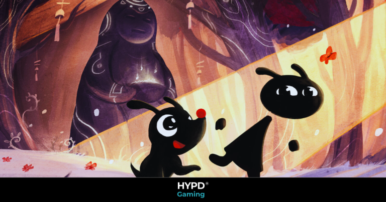 Hand-drawn scene from Koira featuring the forest spirit and puppy companion in a glowing forest, with a mystical statue in the background.