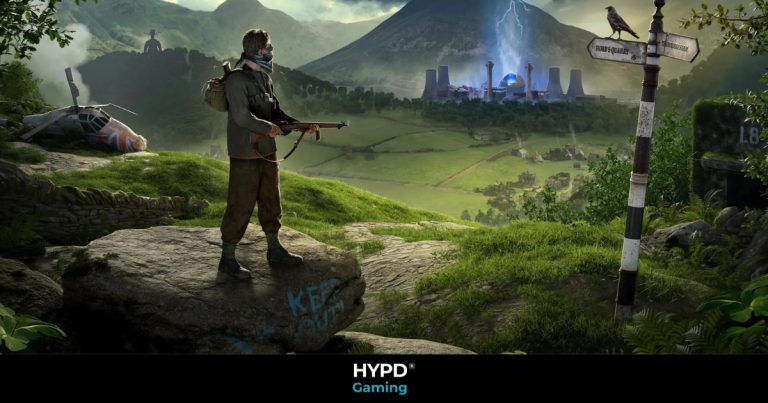 A lone survivor with a rifle stands on a rocky hilltop, overlooking a destroyed British countryside with a crashed helicopter, nuclear power plant, and a lightning-filled sky in the game Atomfall.