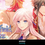 Anime-style promo art from Battlefield Waltz showing the main trio of characters, highlighting the Nintendo Switch release
