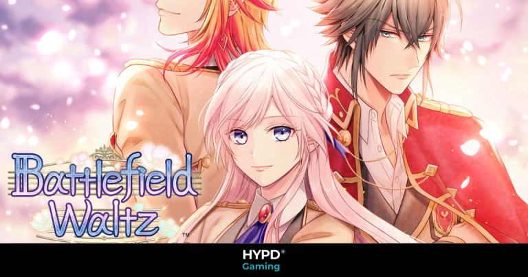 Anime-style promo art from Battlefield Waltz showing the main trio of characters, highlighting the Nintendo Switch release