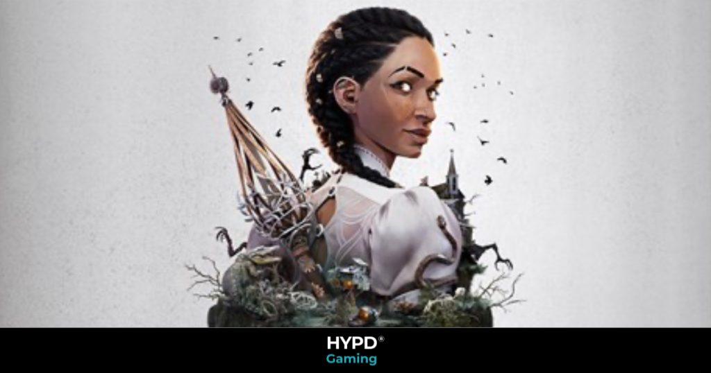 Portrait of Hazel Flood surrounded by gothic Southern elements from the game South of Midnight