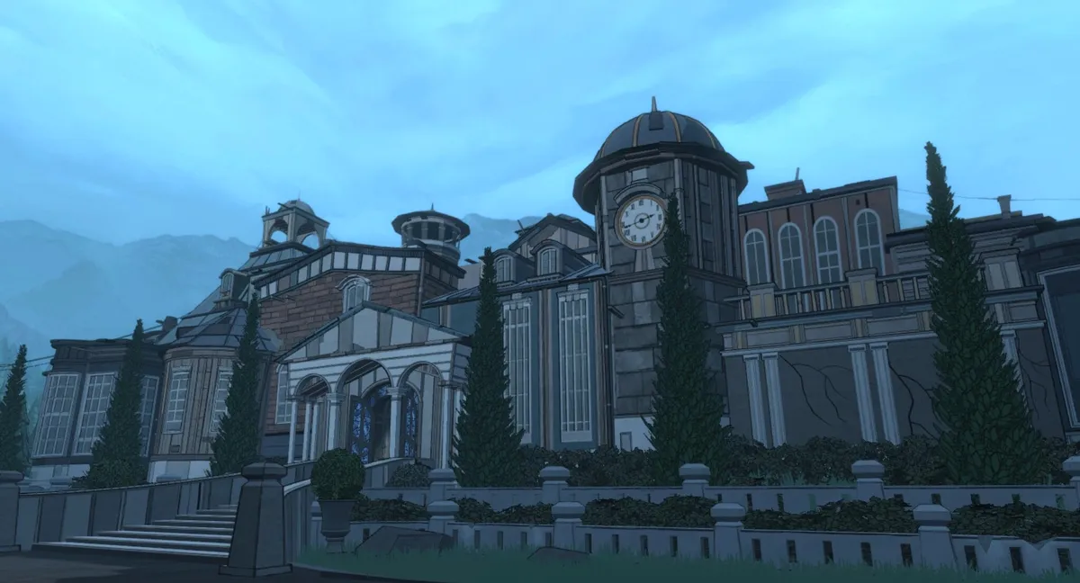 Detailed view of the Blue Prince mansion showing gothic architecture, a central clocktower, and looming evergreens against a misty sky.