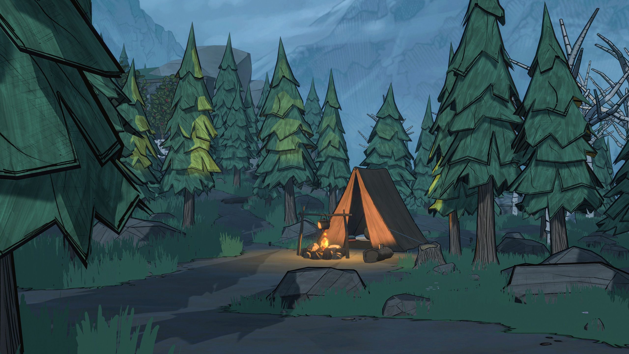 A glowing campfire and tent set in a stylised pine forest, surrounded by misty trees and rugged terrain in Blue Prince.