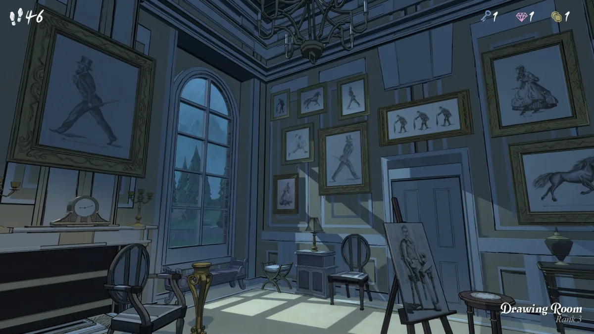 Interior view of the Blue Prince drawing room with tall windows, vintage furniture, and surreal portrait sketches lining the walls.