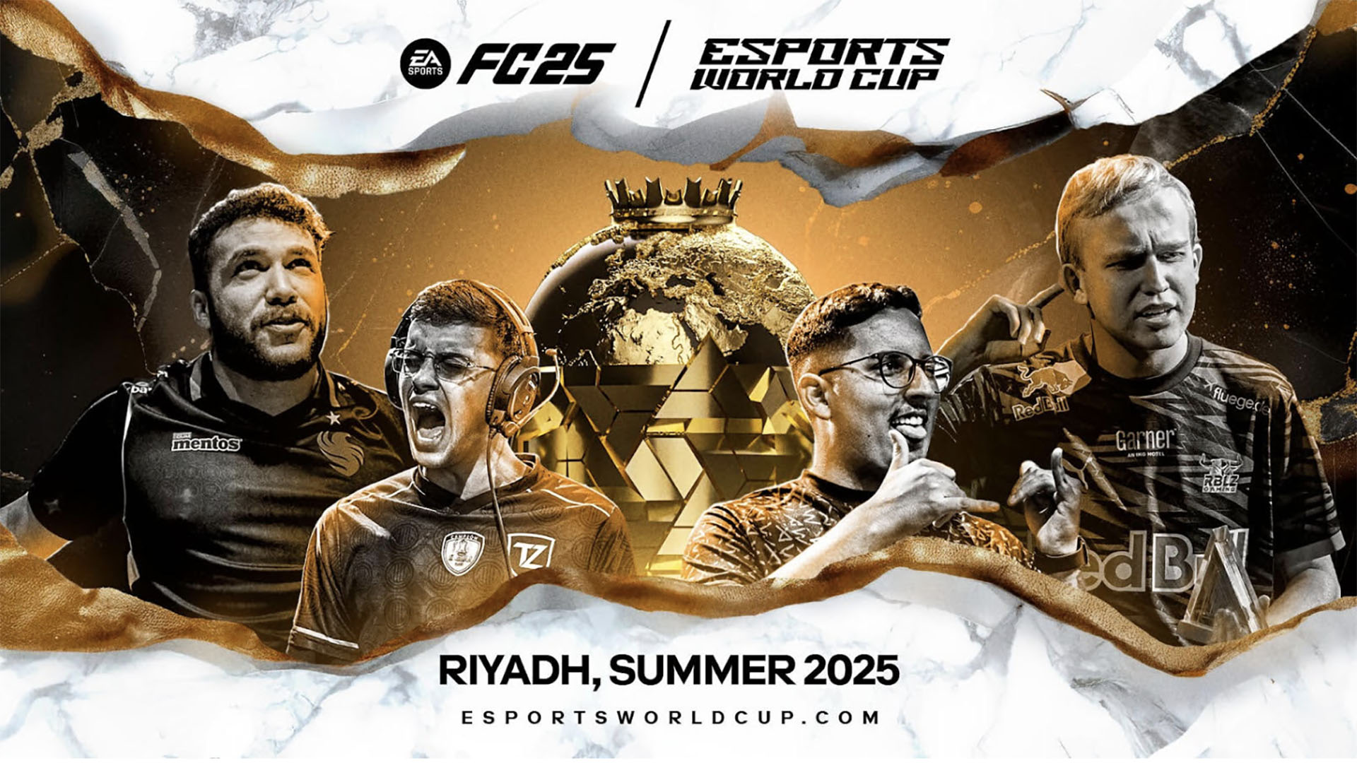 Gaming World News: Esports World Cup 2025 promo image featuring EA FC25 players and golden trophy ahead of Riyadh summer event