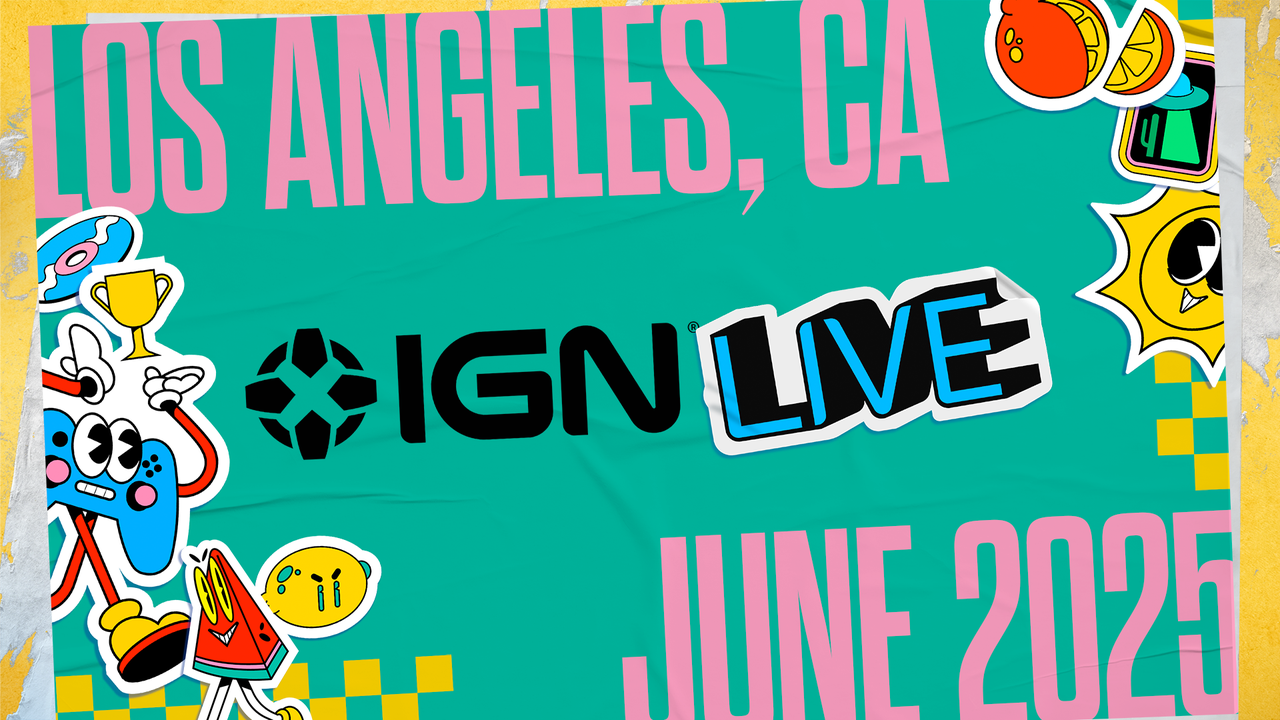 Gaming World News: Colourful IGN Live 2025 banner with bold text and cartoon gaming icons, announcing the event in Los Angeles this June