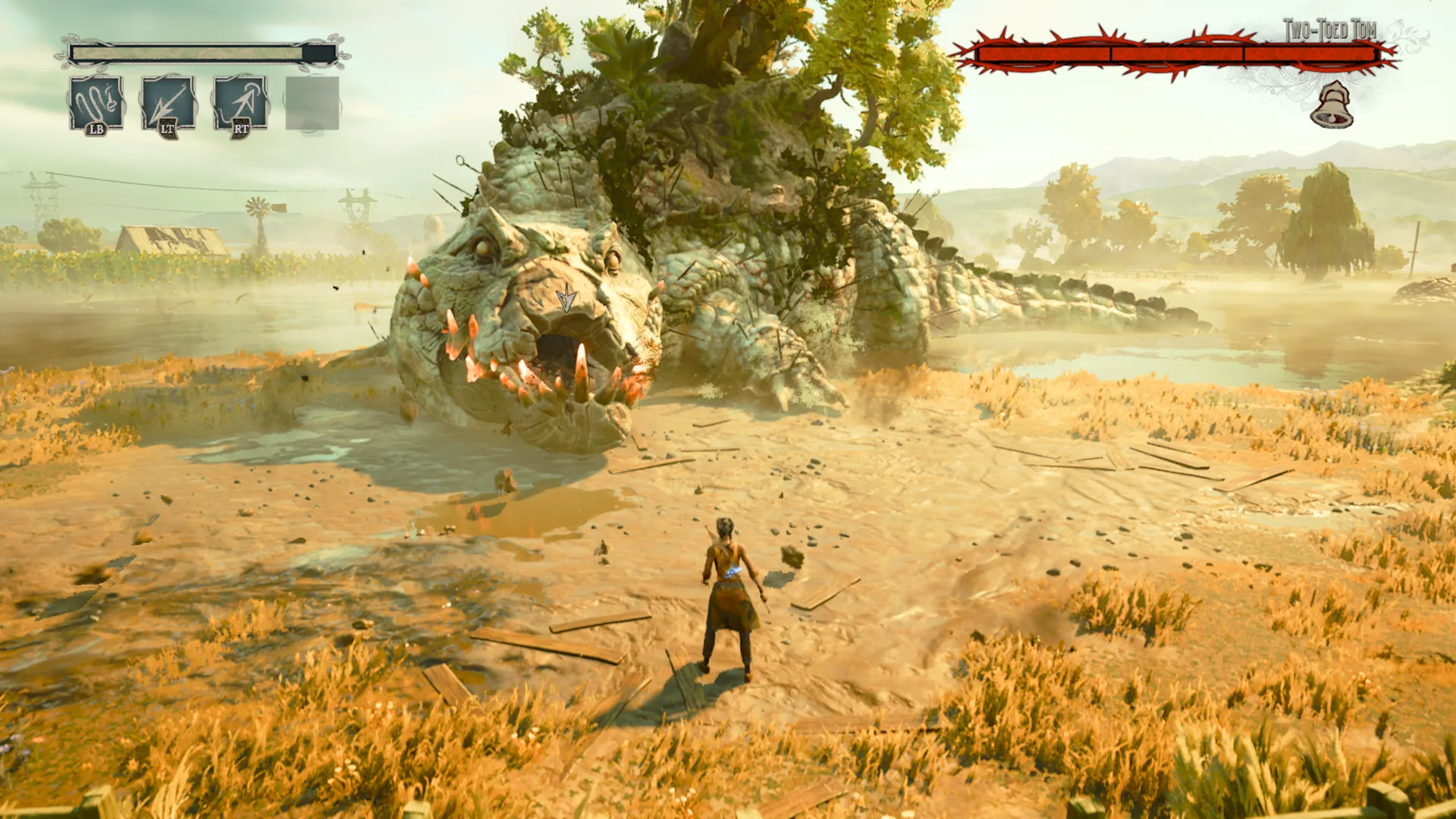 Hazel Flood facing off against legendary swamp monster Two-Toed Tom in South of Midnight gameplay