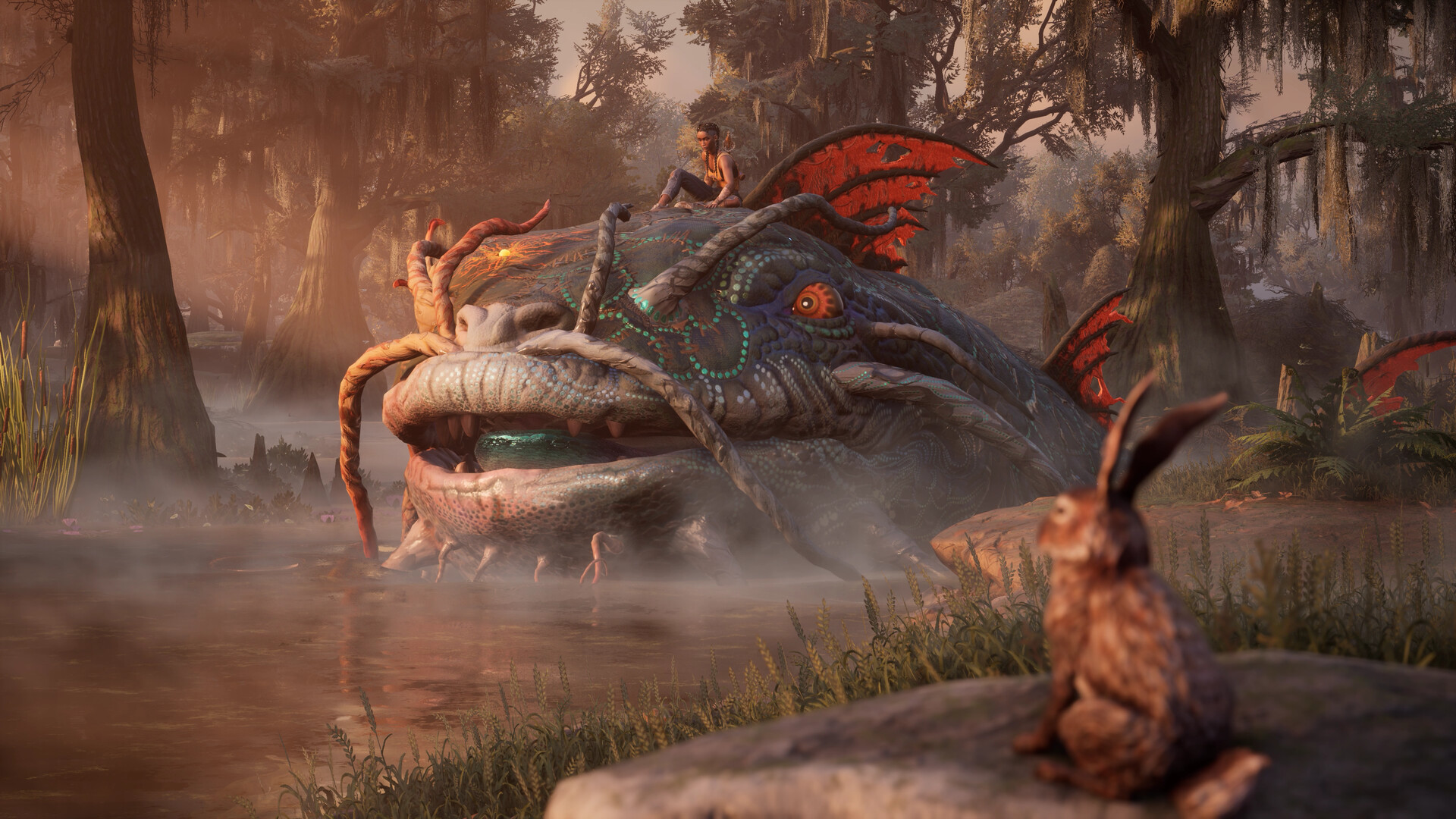 A mystical Southern creature with glowing patterns and red wings watched by Hazel Flood and a rabbit in South of Midnight