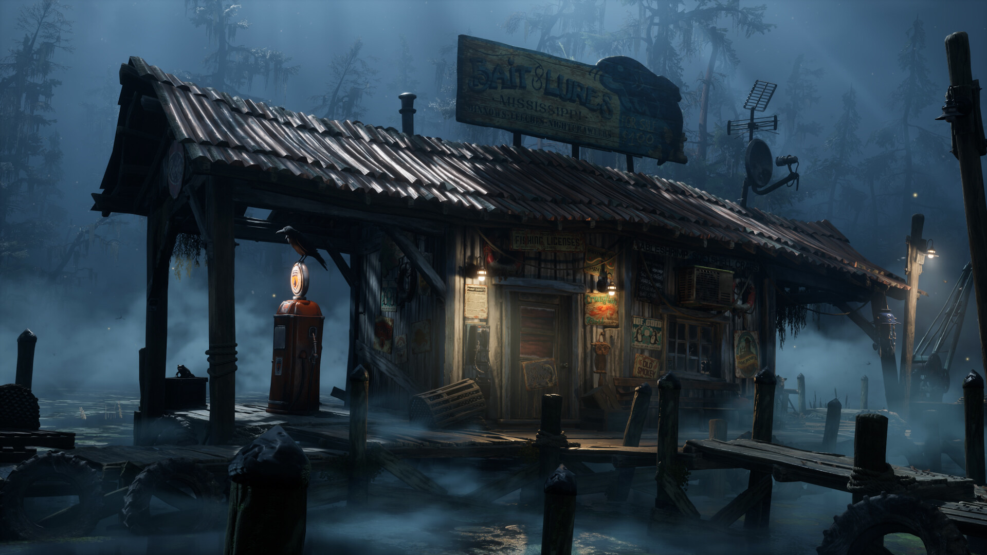 A fog-covered bait and tackle shop in the bayou at night from South of Midnight, lit by eerie swamp light