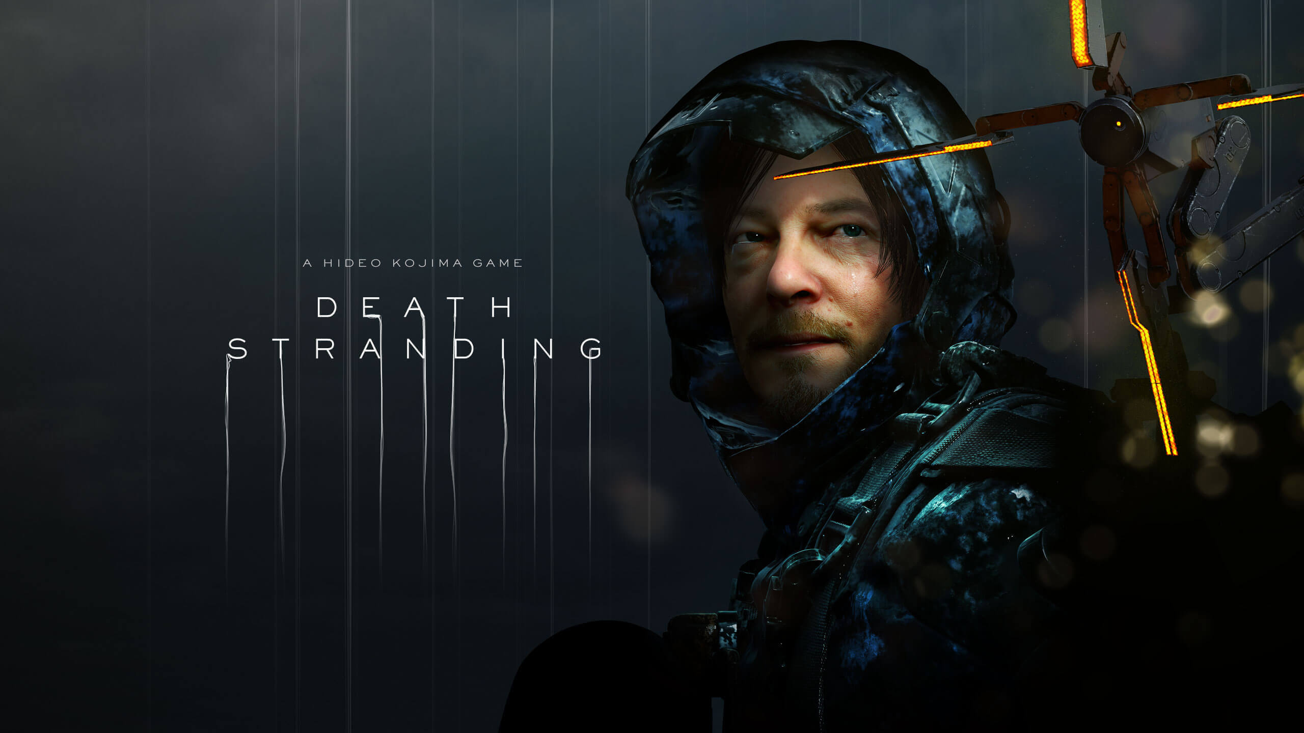 Gaming World News: Main character from Death Stranding in a futuristic suit with drone gear, set against a dark rainy background