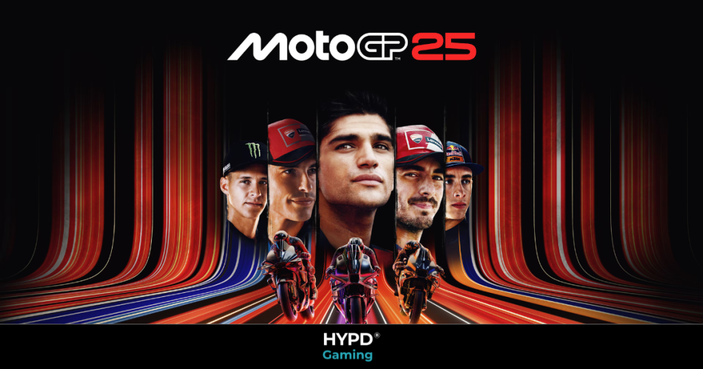 MotoGP 25 cover art featuring top riders and bikes with dynamic racing lines – official image for HYPD Gaming review blog