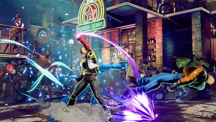 Rock Howard unleashes a special move on Terry Bogard in Fatal Fury: City of the Wolves, set in the neon-lit Street Stars bar stage
