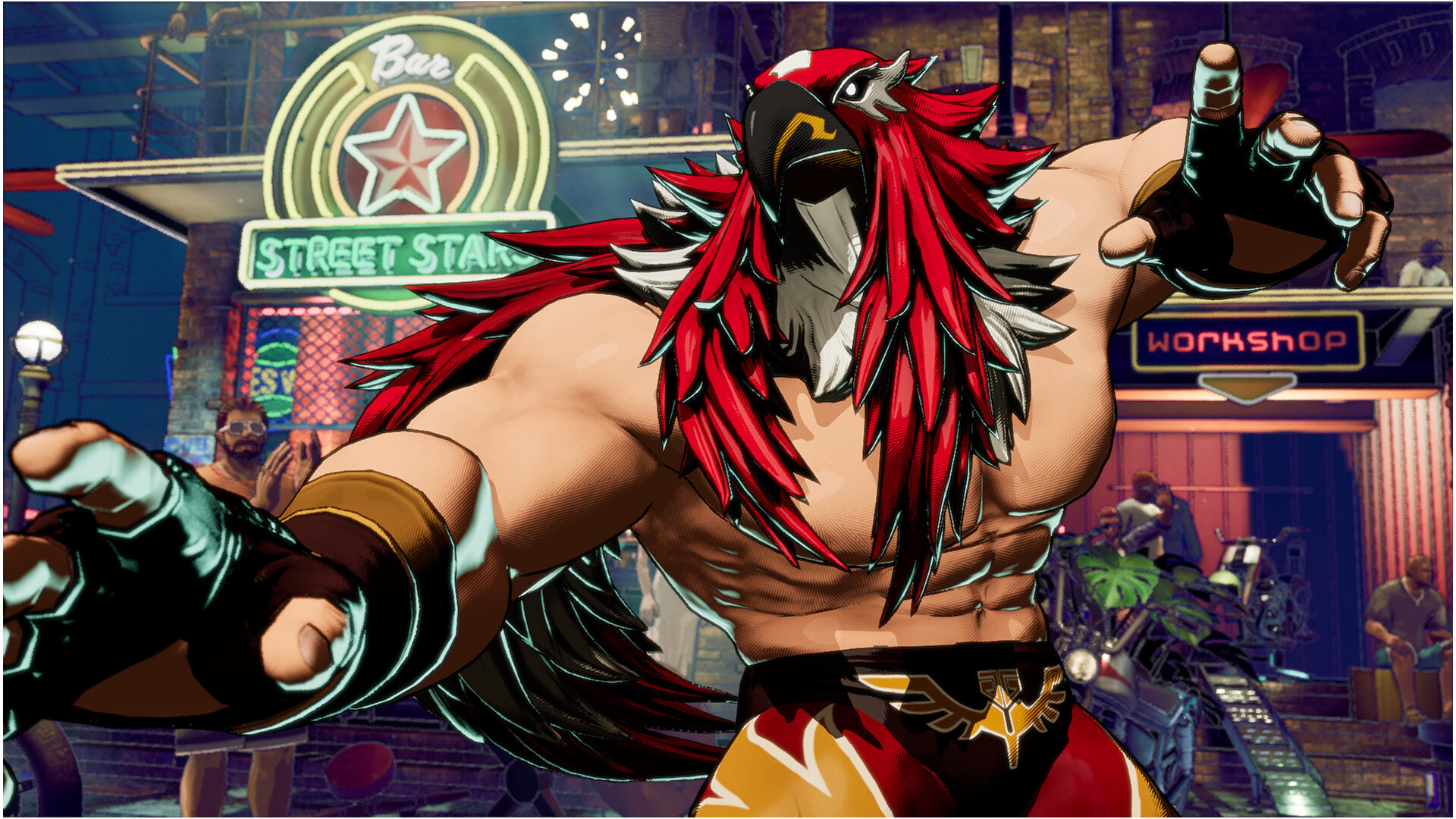 Wrestler Tizoc in his red eagle mask striking a dramatic pose in Fatal Fury: City of the Wolves with bar and workshop stage in the background