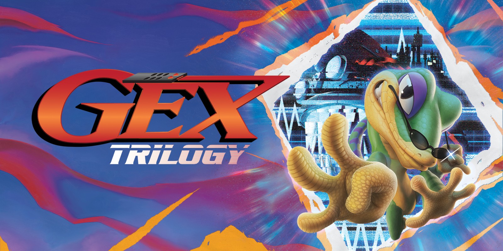 Gaming World News: Official Gex Trilogy artwork showing the cool gecko character wearing sunglasses with a vibrant, retro-themed background.