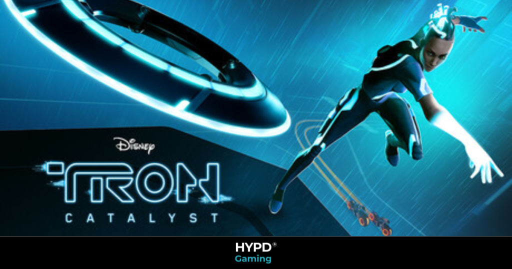 TRON: Catalyst gameplay showing a futuristic character in neon gear dodging a flying disc with light-cycle trails in the background.