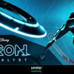 TRON: Catalyst gameplay showing a futuristic character in neon gear dodging a flying disc with light-cycle trails in the background.